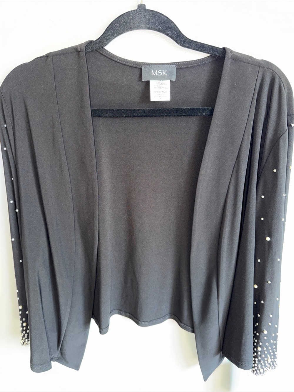 MSK Black Open-Front Cardigan with Pearl Accent Sleeves NWT Size XL